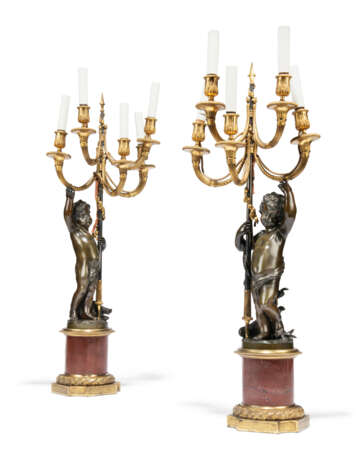 A PAIR OF LARGE FRENCH ORMOLU, PATINATED-BRONZE AND ROUGE GRIOTTE MARBLE FIVE-LIGHT CANDELABRA - фото 1