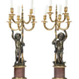 A PAIR OF LARGE FRENCH ORMOLU, PATINATED-BRONZE AND ROUGE GRIOTTE MARBLE FIVE-LIGHT CANDELABRA - фото 2