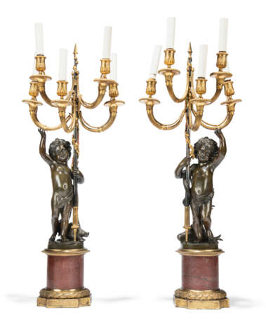 A PAIR OF LARGE FRENCH ORMOLU, PATINATED-BRONZE AND ROUGE GRIOTTE MARBLE FIVE-LIGHT CANDELABRA - фото 2