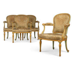 A SET OF FOUR GEORGE III GREEN-PAINTED AND PARCEL-GILT OPEN ARMCHAIRS