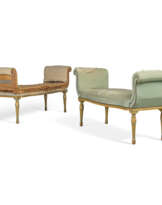 A PAIR OF GEORGE III GREEN-PAINTED AND PARCEL-GILT CONVERSATION STOOLS