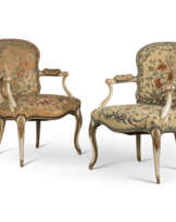 A PAIR OF GEORGE III WHITE-PAINTED AND PARCEL-GILT OPEN ARMCHAIRS