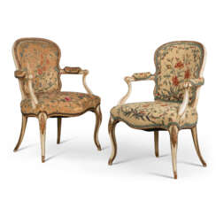 A PAIR OF GEORGE III WHITE-PAINTED AND PARCEL-GILT OPEN ARMCHAIRS