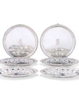 A SET OF FOUR GEORGE II SAUCEBOAT STANDS AND A PAIR OF GEORGE III SILVER SALVERS