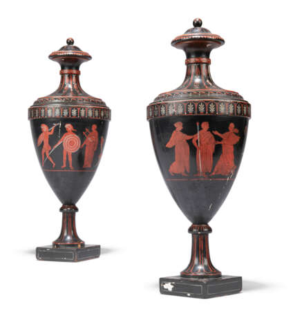 A PAIR OF GEORGE III BLACK, RED AND OFF-WHITE JAPANNED SOLID URNS - photo 1