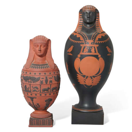 A WEDGWOOD & BENTLEY BLACK BASALT ENCAUSTIC-DECORATED CANOPIC JAR AND A ROSSO ANTICO CANOPIC JAR AND COVER - photo 1