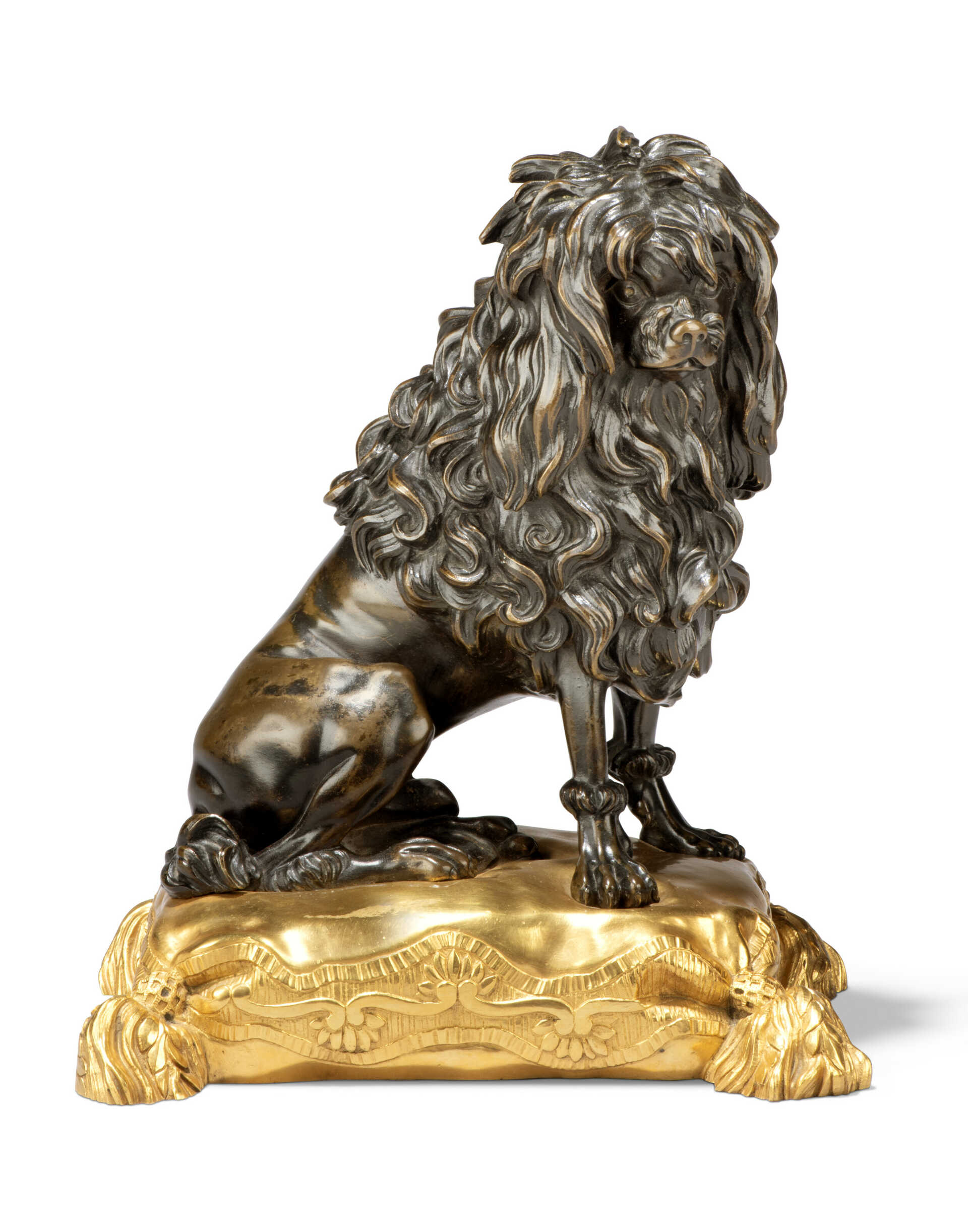 A FRENCH PATINATED-BRONZE AND ORMOLU POODLE