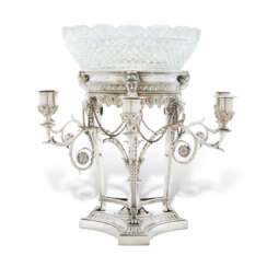 A GEORGE III SILVER AND CUT GLASS SIX-LIGHT CANDELABRUM CENTREPIECE