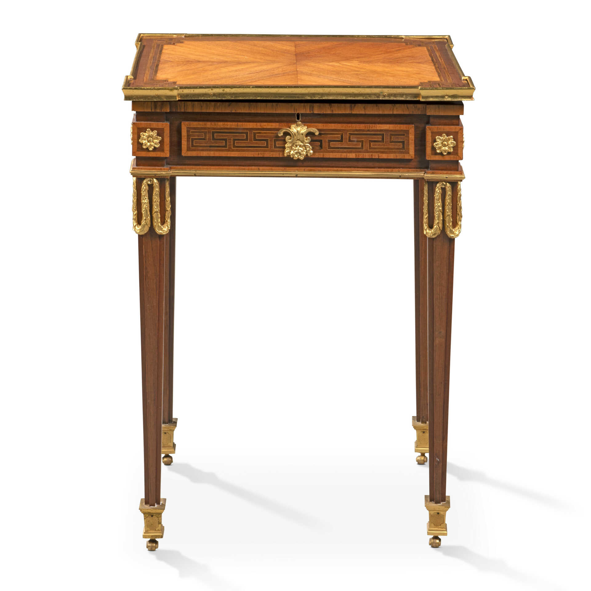 A LATE LOUIS XVI ORMOLU-MOUNTED TULIPWOOD, AMARANTH, AND KINGWOOD OCCASIONAL TABLE