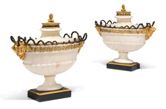 A PAIR OF LATE LOUIS XVI ORMOLU AND PATINATED-BRONZE-MOUNTED MARBLE COVERED VASES - фото 1