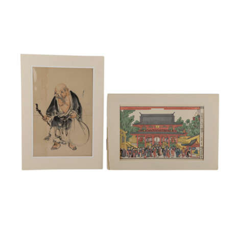 Konvolut: 2-teilig: Malerei und Farbholzschnitt, JAPAN, 1. Hälfte 20. Jahrhundert. - photo 1