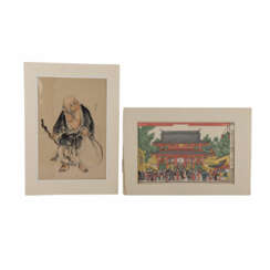 Konvolut: 2-teilig: Malerei und Farbholzschnitt, JAPAN, 1. Hälfte 20. Jahrhundert.