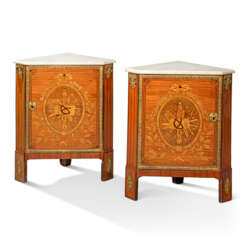 A PAIR OF LOUIS XVI ORMOLU-MOUNTED KINGWOOD, TULIPWOOD AND FRUITWOOD MARQUETRY ENCOIGNURES