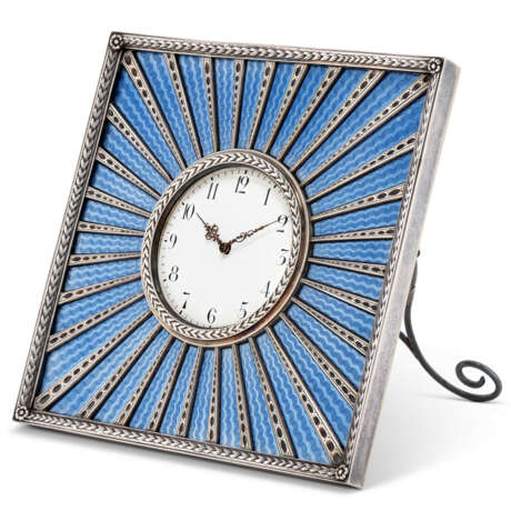 A SILVER-MOUNTED GUILLOCHÉ ENAMEL DESK CLOCK - photo 1