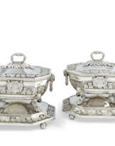 A PAIR OF GEORGE III SILVER SAUCE-TUREENS, COVERS AND STANDS
