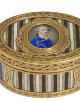 A LOUIS XVI TWO-COLOUR GOLD-MOUNTED ENAMEL, LACQUER AND IVORY SNUFF-BOX