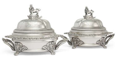 A PAIR OF WILLIAM IV SILVER ENTREE DISHES AND COVERS AND SHEFFIELD PLATED WARMING STANDS