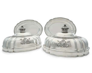 A PAIR OF GEORGE IV SILVER MEAT DISH COVERS AND TWO MODERN SILVER MEAT DISHES