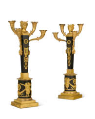 A PAIR OF EMPIRE ORMOLU AND PATINATED BRONZE FOUR-LIGHT CANDELABRA