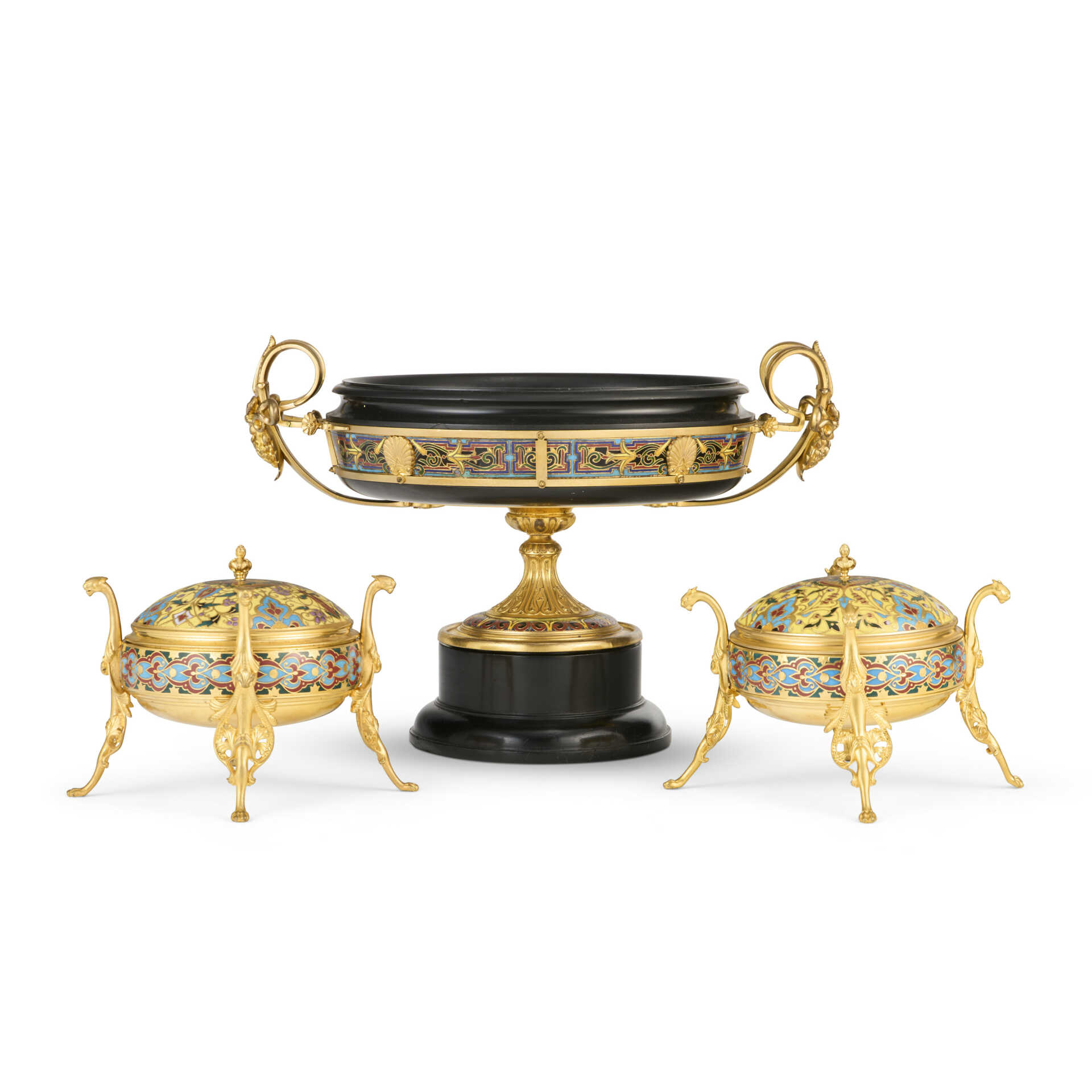 A GROUP OF FRENCH ORMOLU AND CHAMPLEVE ENAMEL ARTICLES