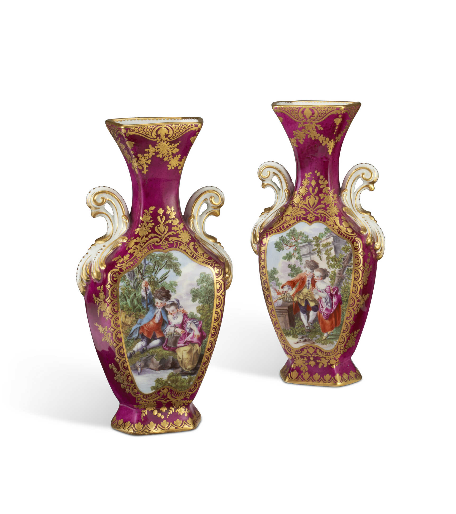 A PAIR OF CHELSEA PORCELAIN CLARET-GROUND VASES