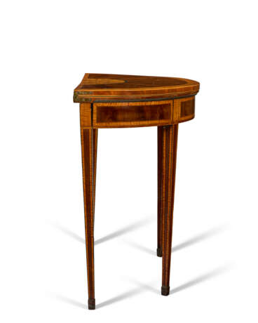 A PAIR OF GEORGE III MAHOGANY, SATINWOOD INLAID, TULIPWOOD AND EBONY BANDED DEMI-LUNE CARD TABLES - photo 5