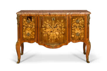 A LATE LOUIS XV ORMOLU-MOUNTED TULIPWOOD, AMARANTH AND MARQUETRY COMMODE