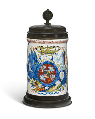 A PEWTER-MOUNTED DUTCH DELFT COMMEMORATIVE ROYAL ARMORIAL POLYCHROME TANKARD - photo 1