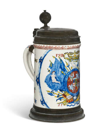 A PEWTER-MOUNTED DUTCH DELFT COMMEMORATIVE ROYAL ARMORIAL POLYCHROME TANKARD - photo 5