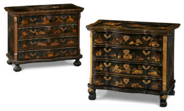 A MATCHED PAIR OF CHINESE EXPORT BLACK AND GILT LACQUER COMMODES