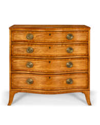 A GEORGE III SATINWOOD BANDED SABICU CHEST-OF-DRAWERS