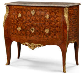 A LOUIS XV ORMOLU-MOUNTED TULIPWOOD PARQUETRY AND MARQUETRY COMMODE