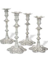 TWO NEAR PAIRS OF GEORGE II SILVER CANDLESTICKS