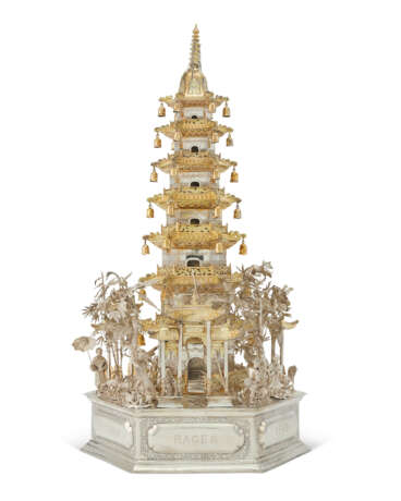 A CHINESE EXPORT PARCEL-GILT SILVER PRESENTATION MODEL OF A PAGODA - photo 1