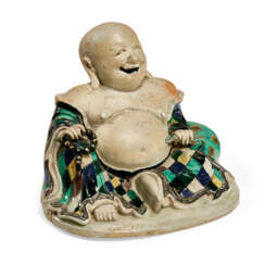 A CHINESE EXPORT PORCELAIN BISCUIT-GLAZED FIGURE OF A LAUGHING BUDDHA