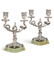 A PAIR OF SILVER AND BOWENITE TWO-LIGHT CANDELABRA