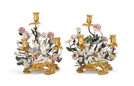 A PAIR OF LOUIS XV ORMOLU AND TOLE-MOUNTED FRENCH AND MEISSEN PORCELAIN THREE-BRANCH CANDELABRA - фото 2