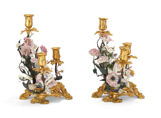 A PAIR OF LOUIS XV ORMOLU AND TOLE-MOUNTED FRENCH AND MEISSEN PORCELAIN THREE-BRANCH CANDELABRA - photo 3