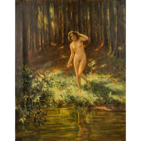 HEMPFING, WILHELM (1886-1948), "Weiblicher Akt an einem Bachufer im Wald stehend" - Foto 1