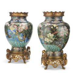 A PAIR OF FRENCH 'JAPONISME' GILT-METAL MOUNTED CLOISONNE ENAMEL VASES