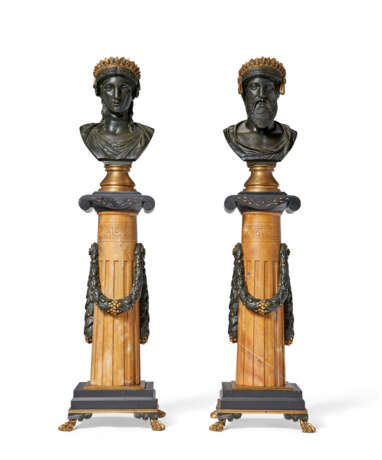 A PAIR OF FRENCH PARCEL-GILT, PATINATED BRONZE AND GIALLO ANTICO MARBLE COLUMNS - фото 1