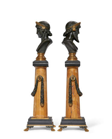 A PAIR OF FRENCH PARCEL-GILT, PATINATED BRONZE AND GIALLO ANTICO MARBLE COLUMNS - фото 5