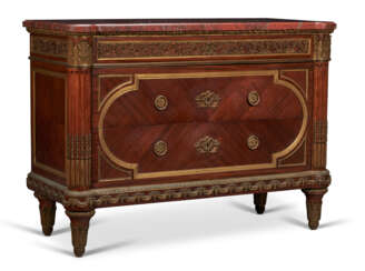 A FRENCH ORMOLU-MOUNTED MAHOGANY COMMODE