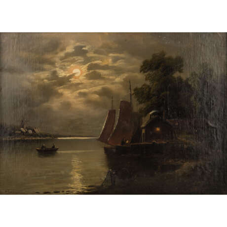 SONTMANN, A. ? (undeutlich signiert, Maler/in 2. Hälfte 19. Jahrhundert), "Fischerboote in Vollmondnacht", - photo 1