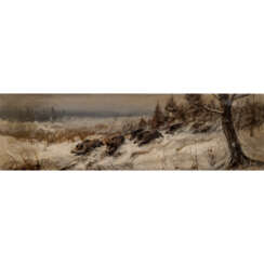 LORENZ, WILLY (1901-1981) „Wildschweinrotte in winterlicher Waldlandschaft“