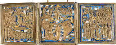 BRONZE-TRIPTYCHON MIT DEM ENTSCHLAFEN DER GOTTESMUTTER, DER HÖLLENFAHRT UND AUFERSTEHUNG CHRISTI SO