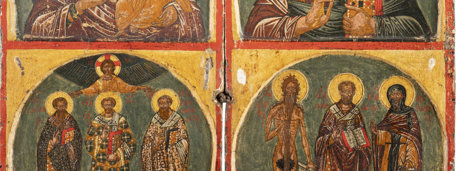 GROSSES DIPTYCHON MIT DER GOTTESMUTTER HODEGETRIA, CHRISTUS PANTOKRATOR UND AUSGEWÄHLTEN HEILIGEN