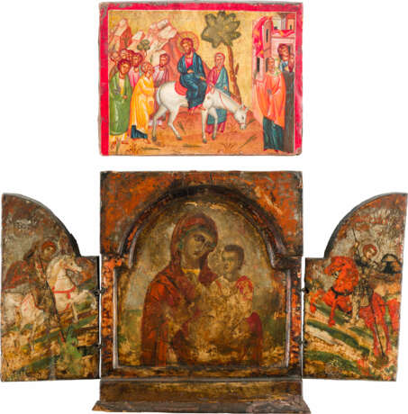 TRIPTYCHON MIT DER GOTTESMUTTER HODEGETRIA UND DEN REITERHEILIGEN GEORG UND DEMETRIOS UND IKONE MIT - Foto 1