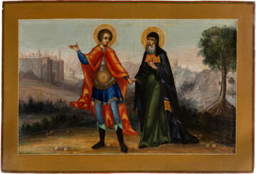 SEHR SELTENE, GROSSE IKONE MIT DEM HEILIGEN DEMETRIUS VON THESSALONIKI UND DEM BISCHOF CYPRIAN