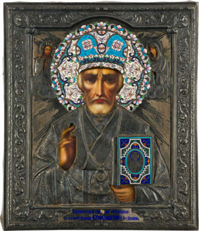 IKONE MIT DEM HEILIGEN NIKOLAUS VON MYRA MIT CLOISONNÉ-EMAIL-OKLAD - photo 1